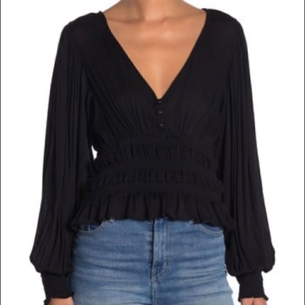 Mustard Seed Smocked Bell Sleeve Top Black S